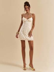 SHEIN BAE Summer Women's Backless Sequin Jacquard Green Resort Mini Dress - Apricot - View 6