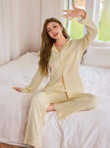 SHEIN Women's Plaid Button Front Long Sleeve Yellow Gingham Top & Pants Pajama Set, Sleepwear Pj Set, Fall Clothes  Cozy And Elegant Details