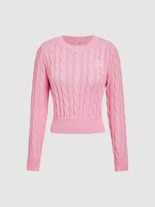 SHEIN MOD Pink Embroidered Cable Knit College Pullover Autumn Winter Clothes For Women - Pink - View 1