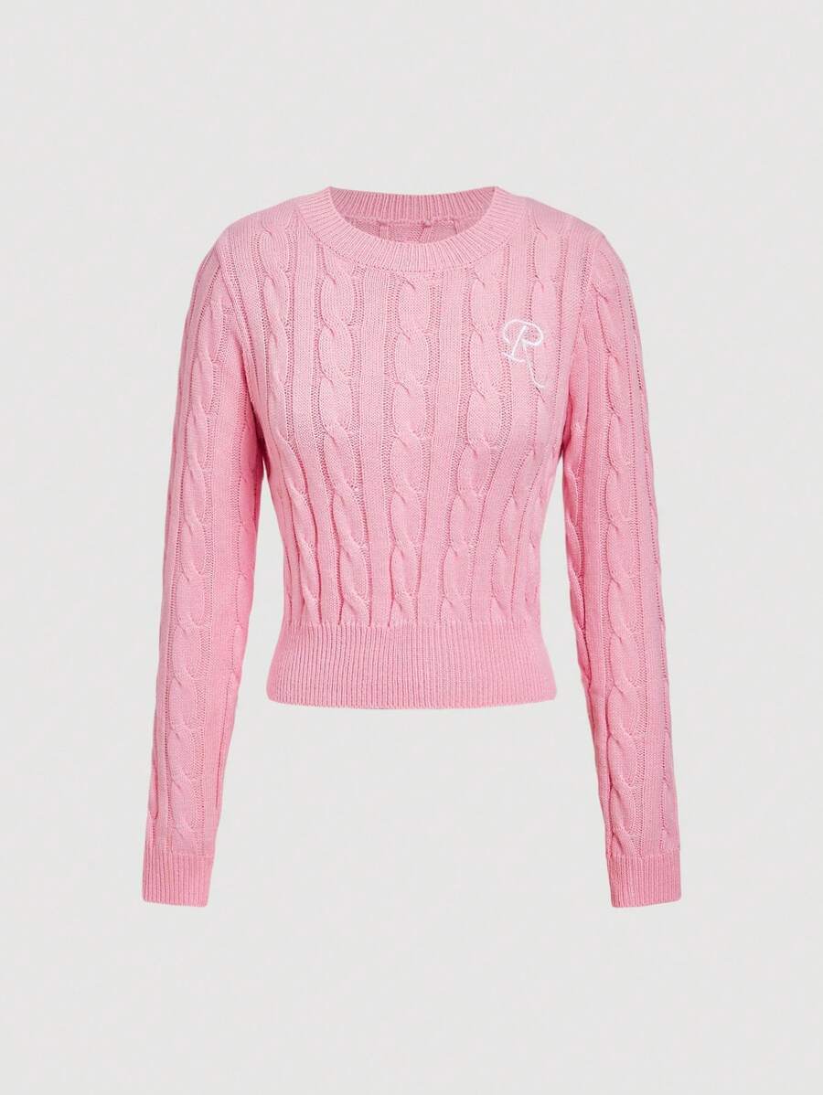 SHEIN MOD Pink Embroidered Cable Knit College Pullover Autumn Winter Clothes For Women - Pink - View 1