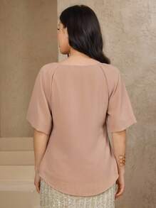 DAZY Women's Elegant Splicing Tape Decor Round Neck Blouse, Summer Carnival - Baby Pink - View 2