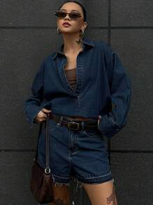 DAZY 2 件套休闲牛仔衬衫和短裤套装，秋季女装 - 深色水洗藍 - 查看 3