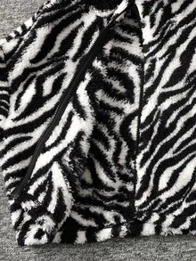 SHEIN 青少年女孩斑马条纹宽松蓬松拉链连帽衫，休闲 - 黑與白 - 查看 8