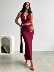 Aloruh Women's Elegant Sexy Deep V Chest Detail Open Back Ruched Skirt Beach Vacation 2pcs Set - Burgundy - View 7