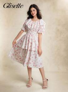 少女优雅花卉印花荷叶边下摆连衣裙，夏季 - 白色 - 查看 5