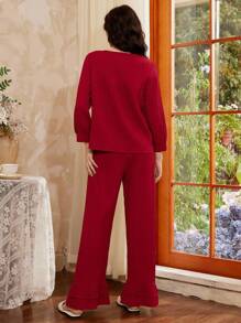 法国南部优雅领带蝴蝶结宽松休闲女士家居服套装，圣诞节 - 酒紅色 - 查看 2