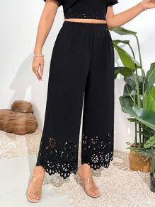 Firerie Saia Estampada Floral Recortada a Laser com Cintura Elástica para Mulheres Plus Size - Preto - Visão 8