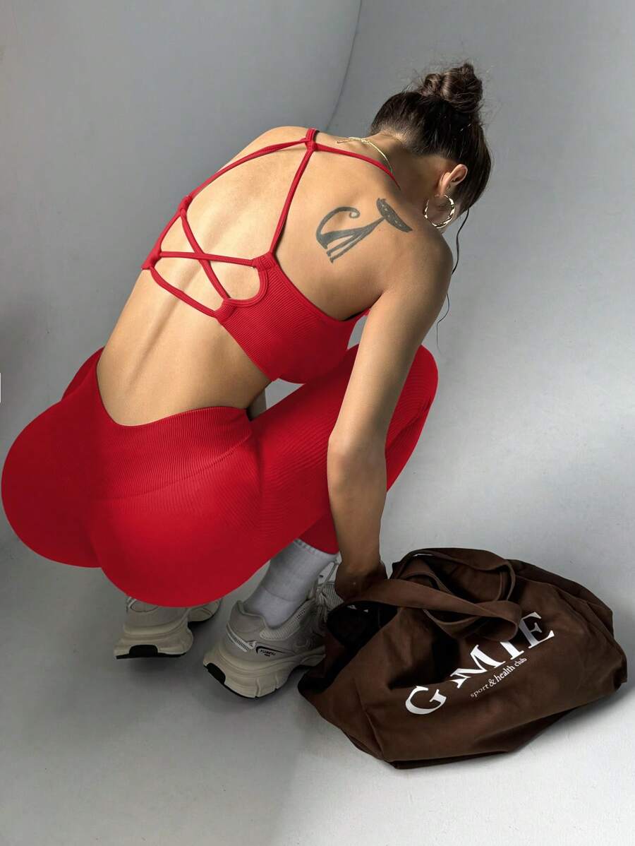Gameset SHEIN Sport 2 件女式纯色后系带吊带背心和紧身裤运动套装,休闲运动装健身套装,适合中国新年瑜伽服瑜伽服瑜伽服健身女士套装 - 紅色 - 查看 1