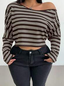 Vibekara 加大码女式华夫格条纹斜肩 T 恤，百搭休闲图案 T 恤上衣，适合春季 - 咖啡棕 - 查看 6