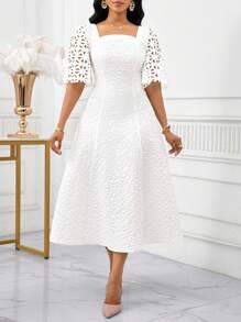 SHEIN Lady 白色提花面料，袖子上有镂空细节 女士中长连衣裙 生日和活动连衣裙 / 办公室连衣裙 / 教堂连衣裙 / 婚纱 / 节日连衣裙 / 优雅连衣裙 / 派对连衣裙 / 白色连衣裙 - 白色 - 查看 5