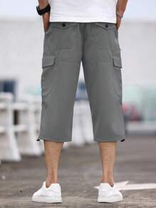 Manfinity Homme Men's Solid Color Pocket Casual Cargo 3/4 Pants - Grey - View 2