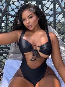 Alexandranx Summer Beach Cut Out Crisscross Tie Backless Halter One Piece Swimsuit With Beach Skirt - Black - View 4