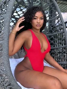 Alexandranx Conjunto de ropa para la playa en primavera para mujer, traje de baño de una pieza sexy con escote profundo en V, corte alto y espalda abierta - Rojo - Ver 5