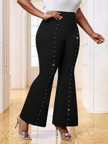 SHEIN Lady Spring And Summer Elegant Commuting Office Black Knitted Beaded Bell Pants Long Plus Size Pants - Black - View 3