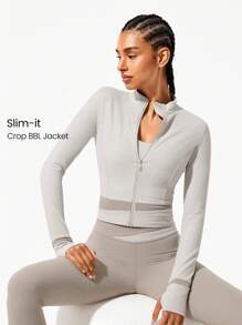 GLOWMODE FeatherFit™ 凉爽短款吸汗弹力短款撞色腰部袖口修身夹克，带拇指孔拉链保护，低冲击瑜伽普拉提 Barre Studio 日常休闲装 - 淺灰色 - 查看 1