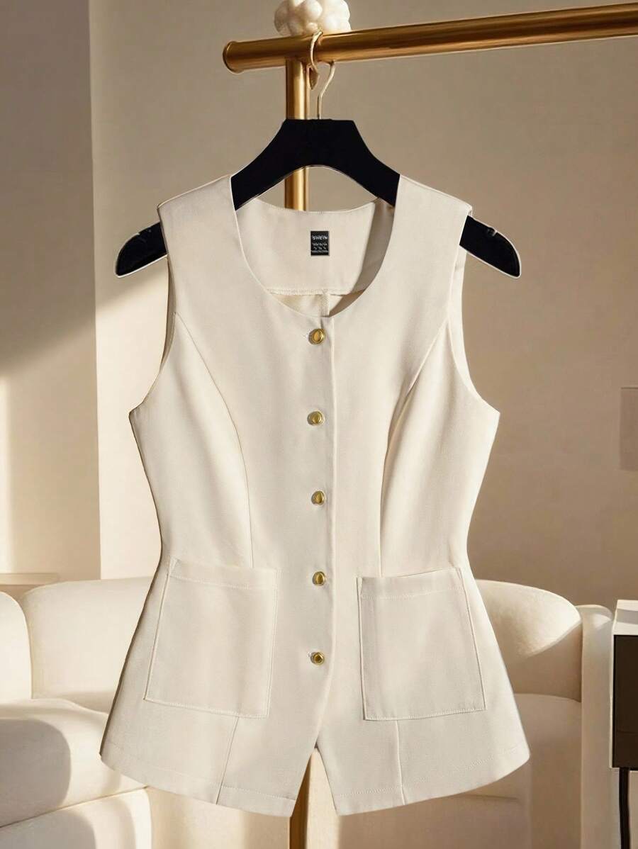 Franclia Women's Thin Casual/Business Crew Neck Single-Breasted Sleeveless Vest, Suits For Spring/Summer - Apricot - View 1