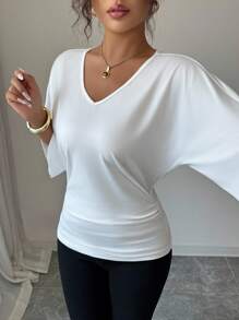 Elenzga Women's V-Neck Ruffle Batwing Sleeve Solid Color Short Sleeve T-Shirt
