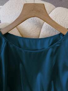 Franclia Elegant Round Neck Raglan Short Sleeve Elastic Satin Drawstring Hemline Women's Blouse, Suitable For Spring And Summer Clothes For University - Blue - View 6
