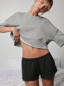 WESTFADE 可爱中腰系带纹理针织休闲短裤 - 黑色 - 查看 7