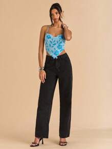 SHEIN BAE Top corto de verano halter sin espalda con bordado de cuentas para mujer - Azul - Ver 6