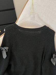 SHEIN 少女纯色圆领插肩袖长袖蝴蝶结装饰毛衣 - 黑色 - 查看 7