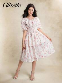 少女优雅花卉印花荷叶边下摆连衣裙，夏季 - 白色 - 查看 6