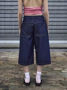 COUREZ 深蓝色水洗低腰做旧牛仔短裤 / 女士夏季穿搭 夏季短裤 Y3K 街头风 可爱度假 Y2K 复古棉质 - 深色水洗藍 - 查看 3