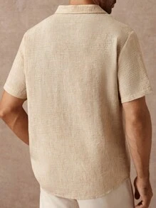 Manfinity Homme Men's Tan Faux Linen Summer Casual Vacation Holiday Shirt,Textured Short-Sleeved Cuban Antique Collar Button Cardigan,Champagne Dual-Color Shirts - Khaki - View 2