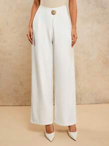 COSMINA Women's High Waist Solid Color Loose Straight Leg Pants With Metal Buckle Decor White Pants,Fall Clothes - White - View 1