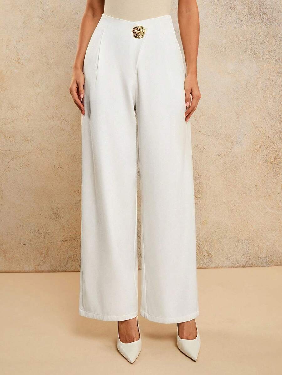 COSMINA Women's High Waist Solid Color Loose Straight Leg Pants With Metal Buckle Decor White Pants,Fall Clothes - White - View 1