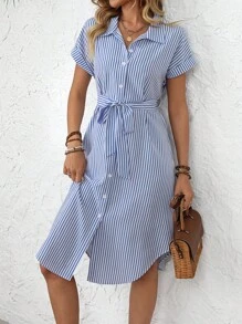 EMERY ROSE Women Striped Batwing Sleeve Casual Midi Shirt Dress