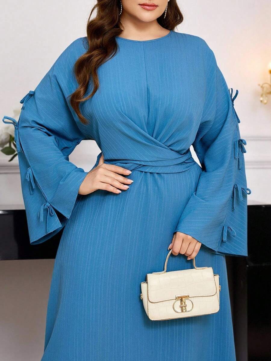 Modelyn Plus Size Elegant Solid Color Dress With Bow Decor