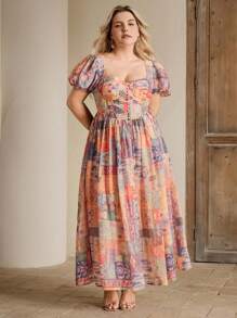 Anewsta 度假风印花带胸垫长袖A字中长连衣裙