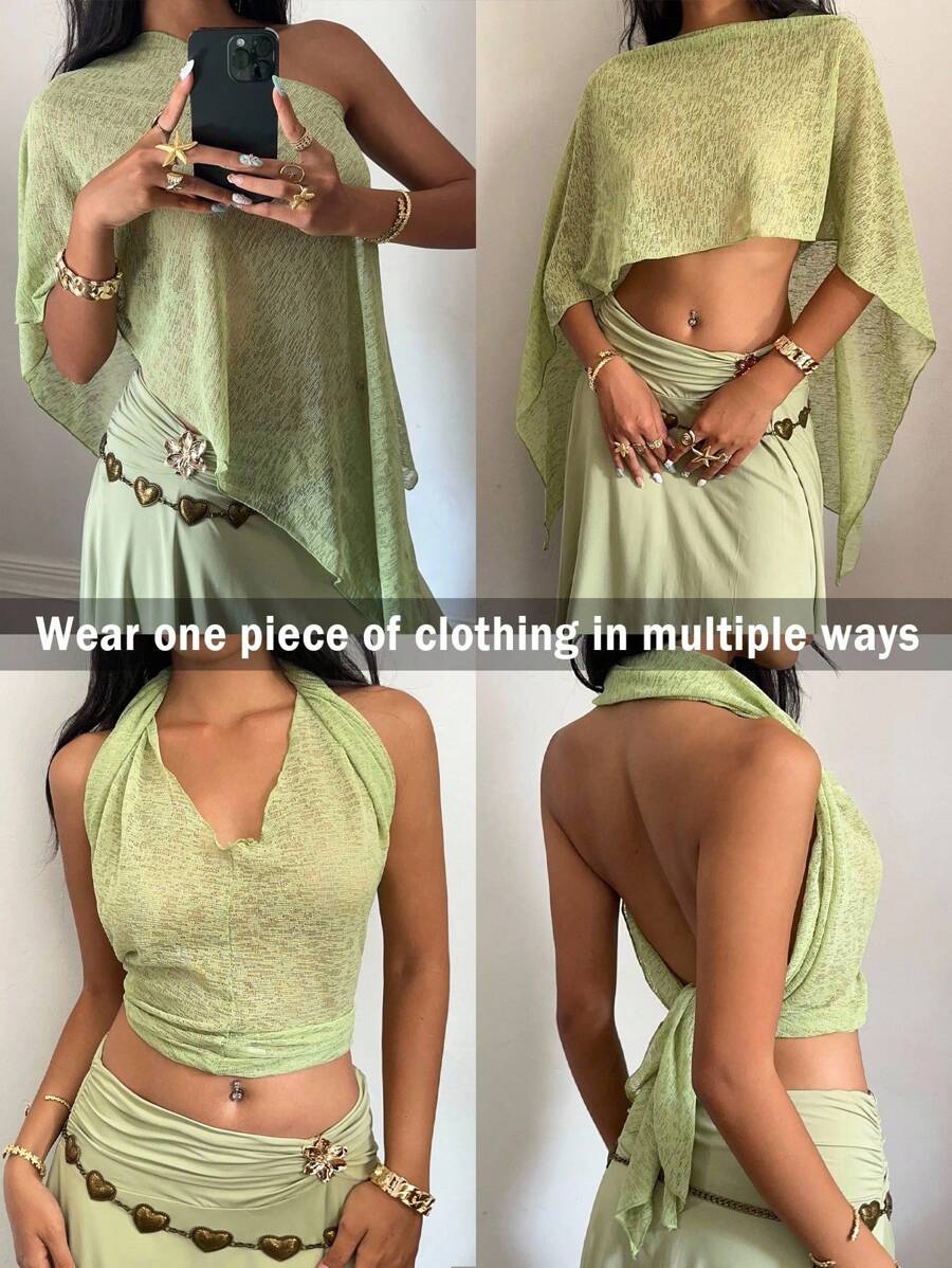 SHEIN EZwear Women's Solid Color Versatile Wrap / Shawl - Green - View 1