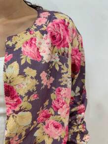 SHEIN LUNE 女士花卉和叶子印花纽扣开衫，薄款休闲圆领长袖毛衣 - 彩色 - 查看 3