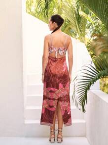 Sunsella Robe longue à imprimé, bretelles, avec nœud et découpe, ajustée, pour l'été, tenue de vacances et de sortie pour femmes