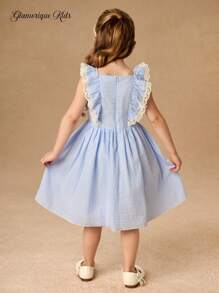 Abito stile principessa a quadri per bambina e ragazza come damigella, con maniche a palloncino, blu, adatto per feste di compleanno, matrimoni, vacanze, tutto l'anno