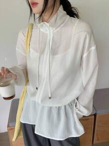 Livesso Women High Neck Loose Casual Ruffle Tie Decor Regular Jacket Women Coats - White - View 3