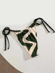 SHEIN Swim 暖色肩带装饰系带侧边女士简约复古比基尼泳裤，海滩 - 軍綠色 - 查看 2