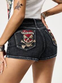 ROMWE Grunge Punk Shorts vaqueros casuales y versátiles con bolsillos para damas - Azul - Ver 5