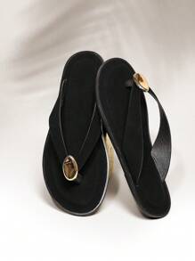 SHUZIA 女士舒适日常夏季可爱度假休闲平底人字凉鞋 - 黑色 - 查看 1