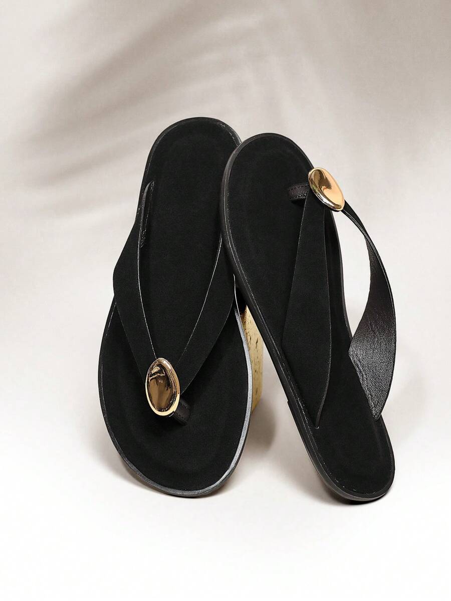 SHUZIA 女士舒适日常夏季可爱度假休闲平底人字凉鞋 - 黑色 - 查看 1