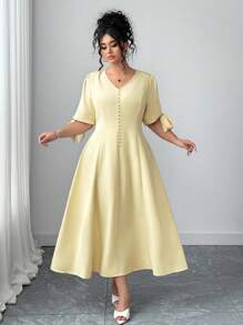 Elenzga Elegantes Kleid in Große Größen für Damen mit einfarbigem Kurzarm V-Ausschnitt und Schleife - Gelb - Übersicht 3