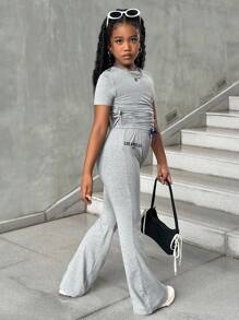 SHEIN Tween Girl Casual Ruched Crew Neck Tight Top & Flared Printed Pants 2-Piece Set, Buy 1 Get 1 Free - Multicolor - View 4