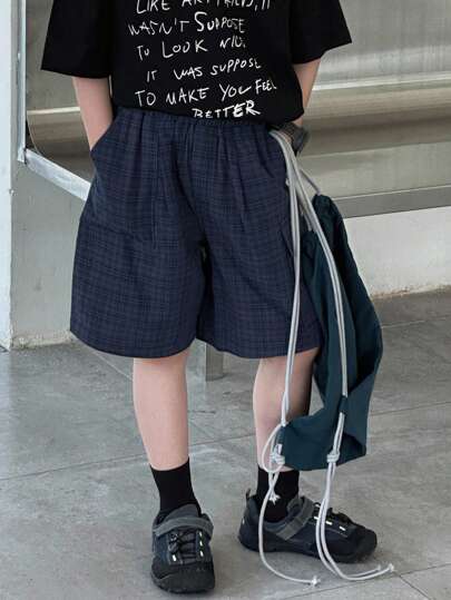 DAZY 青少年男孩松紧腰格子口袋宽松阔腿短裤