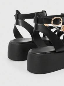 HighSole Women's Spring T-Strap Buckle Sandals, Chunky Platform Wedge Shoes, 2024 Summer New Round Toe Thick Heel Beach Sandals - Black - View 5
