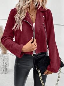 EMERY ROSE Áo khoác nữ dài tay màu trơn, cổ ve áo, khóa kéo, kiểu dáng casual dành cho người đi xe máy, thích hợp cho mùa thu đông. - Màu Đỏ Sâu - Xem 3