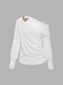 SHEIN MOD 女士优雅纯色不对称领上衣 - 白色 - 查看 9