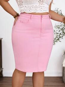 EMERY ROSE 夏季大码水洗休闲牛仔迷你裙 - 粉色 - 查看 5