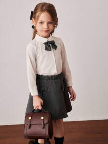 PrepCrw Conjunto de blusa de manga larga con moño y falda plisada para niñas de estilo colegial